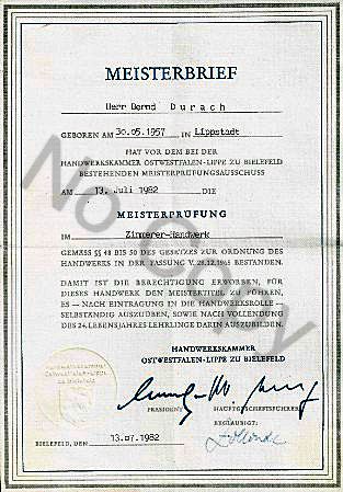 1982 Meisterprufung im Zimmererhandwerk